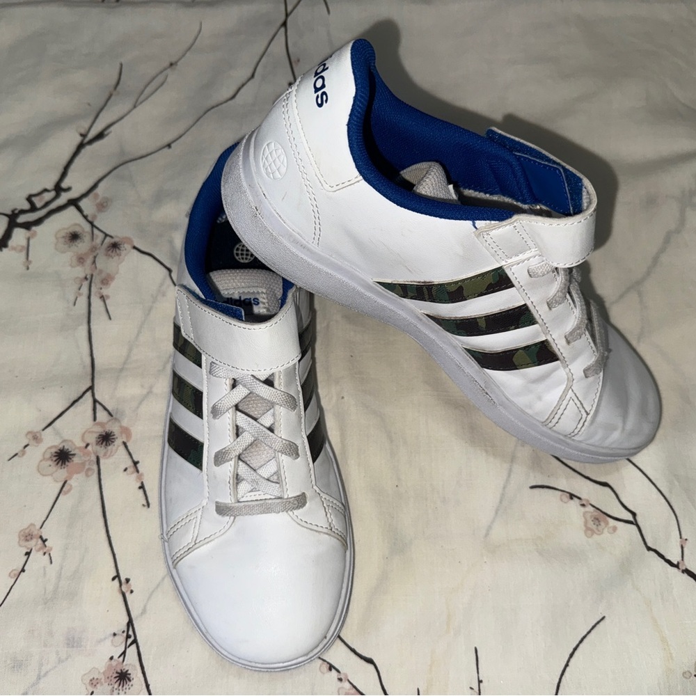 Adidas Boys White Sneakers with Blue and Black Accents